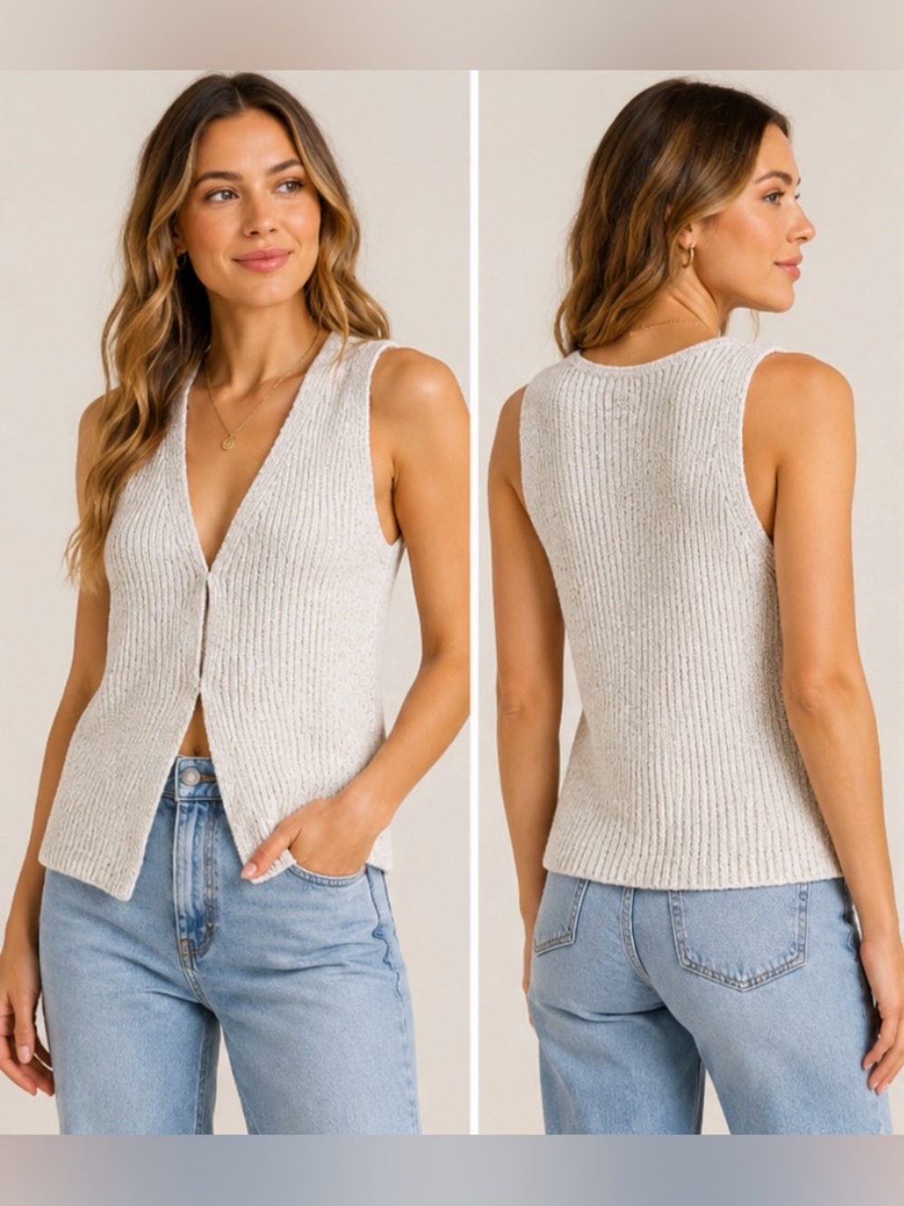 Pilcro Anthropologie Knit Sweater Vest Cream Open Front Size M Boho Coastal